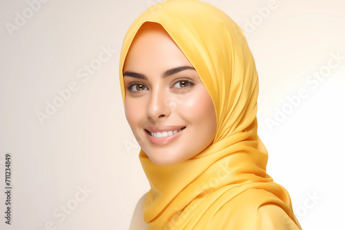Young beautiful woman in yellow headscarf or hijab with flawless healthy skin smiling to camera. Female model for skin care promotion and ads. Close up face beauty portrait. Studio photography. 