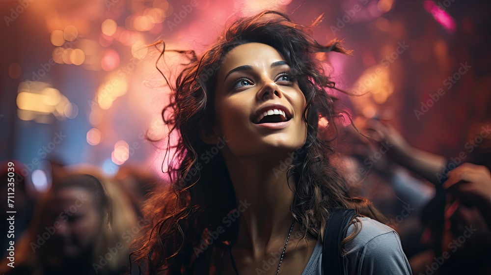 Naklejka premium Portrait of a beautiful smiling laughing woman with curly hair in a nightclub