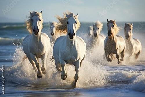 Gorgeous horses gallop gracefully by the shore. Generative AI