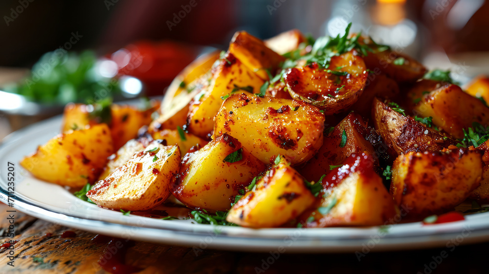 Baked potatoes with honey and parsley on a wooden board. Baked potatoes with honey and parsley on a wooden board.