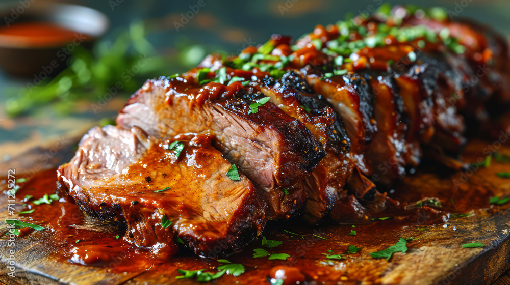 Grilled pork ribs with sauce and herbs on a wooden cutting board.