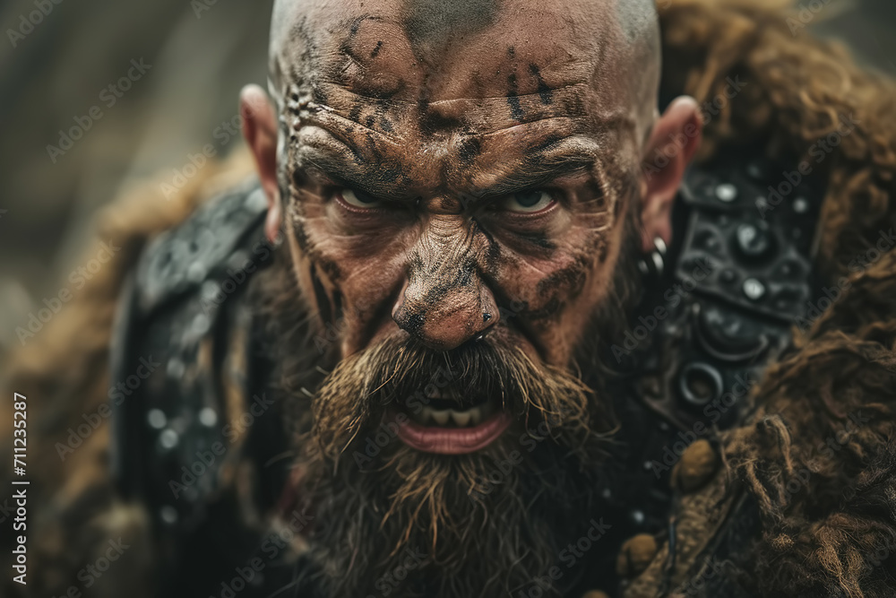 Medieval battle, portrait front view of a ferocious barbarian dirty warrior looking at camera outdoors Medieval battle, portrait front view of a ferocious barbarian dirty warrior looking at camera outdoors