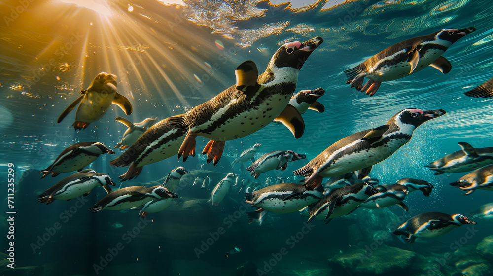 Obraz na płótnie Diving penguin herd. Ocean underwater with marine animals. Sun rays passing through the water surface. Wroclaw, Poland. Zoo, Humboldt penguin is swimming in the pool, swimming marine life underwater  w salonie