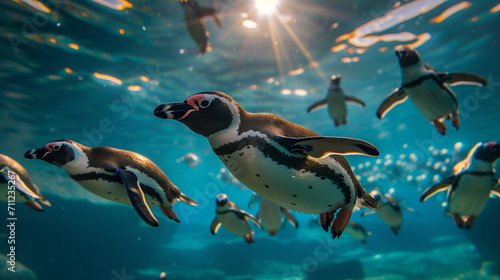 Diving penguin herd. Ocean underwater with marine animals. Sun rays passing through the water surface. Wroclaw, Poland. Zoo, Humboldt penguin is swimming in the pool, swimming marine life underwater 