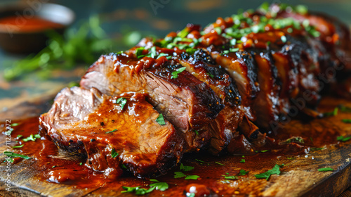 Grilled pork ribs with sauce and herbs on a wooden cutting board.