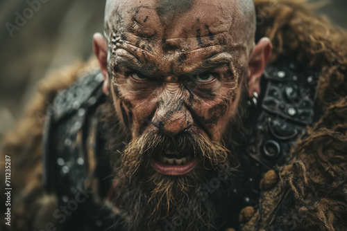 Medieval battle, portrait front view of a ferocious barbarian dirty warrior looking at camera outdoors