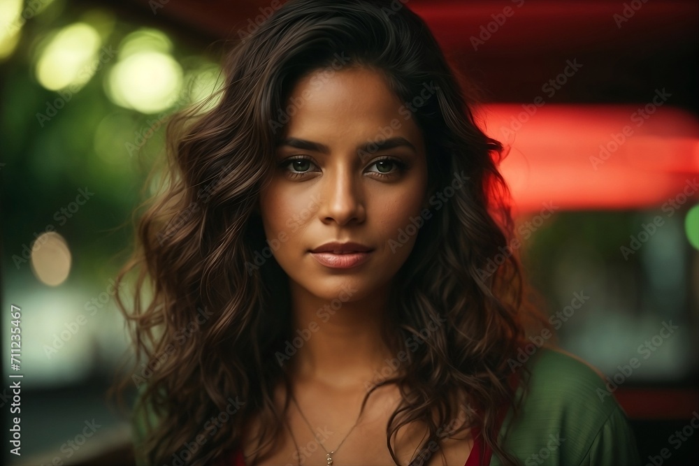 Portrait of a beautiful american woman with striking green eyes and a soft red light illuminating her natural and approachable expression Portrait of a beautiful american woman with striking green eyes and a soft red light illuminating her natural and approachable expression
