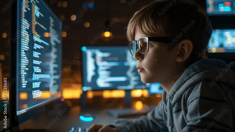 Naklejka premium Focused developer kid coder in glasses working on computer looking at programming code data, investor or trader using data for trading stock market