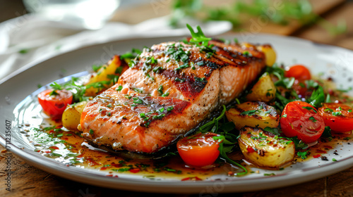 Grilled salmon with roasted potatoes and cherry tomatoes on a plate.