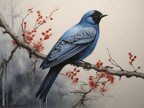 A ink painting of a blue bird on a branch