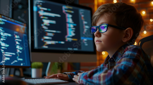 Focused developer kid coder in glasses working on computer looking at programming code data, investor or trader using data for trading stock market