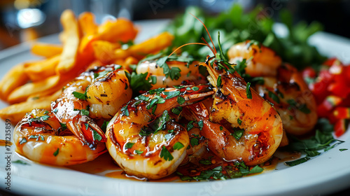 Grilled tiger prawns with French fries and parsley.