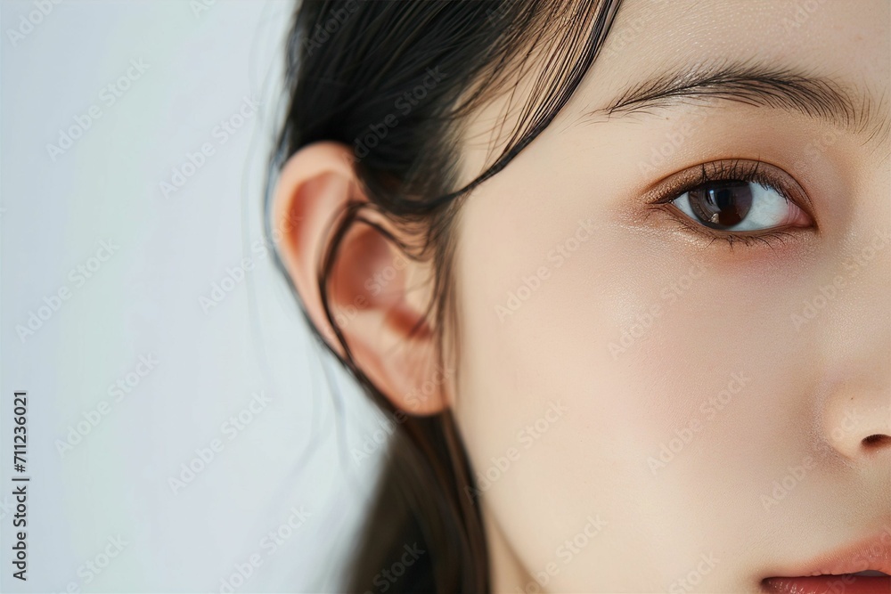 Fototapeta premium 日本人女性の耳のパーツのアップ写真（白背景・美肌・クローズアップ）