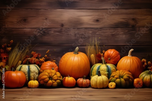 Assorted pumpkins and gourds on a rustic wooden background, autumn harvest concept.