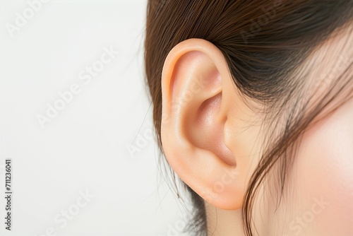 日本人女性の耳のパーツのアップ写真（白背景・美肌・クローズアップ） photo