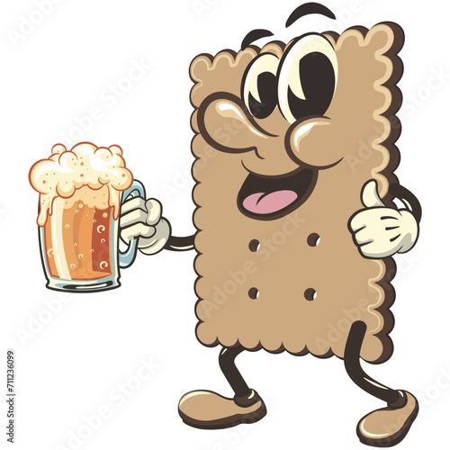 vector illustration of cute square biscuit character mascot raising a large beer glass while giving a thumbs up, work of handmade