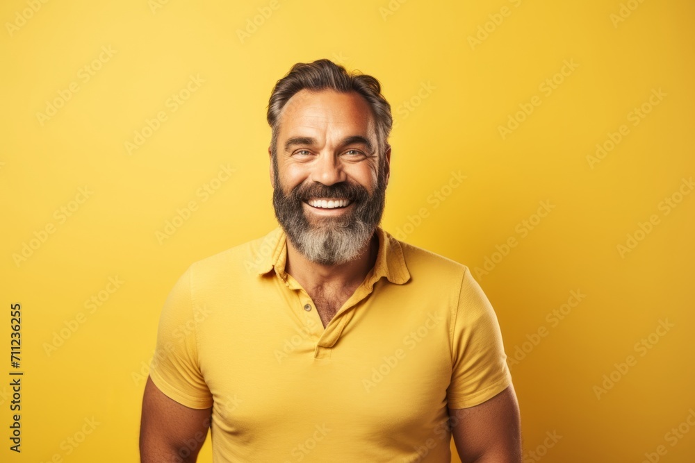 Portrait of happy mature man in yellow t-shirt on yellow background Portrait of happy mature man in yellow t-shirt on yellow background