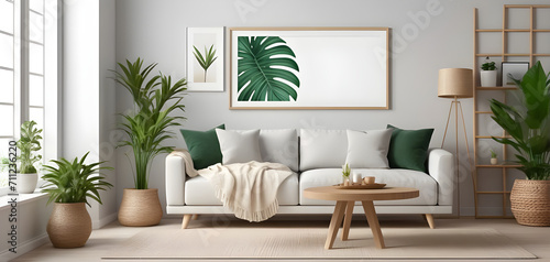 living room minimalist cozy Scandinavian style. sofa, tropical plant, pillows,