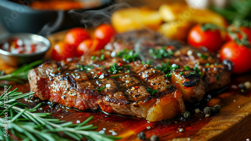 Grilled beef steak with rosemary and tomatoes on a wooden board.