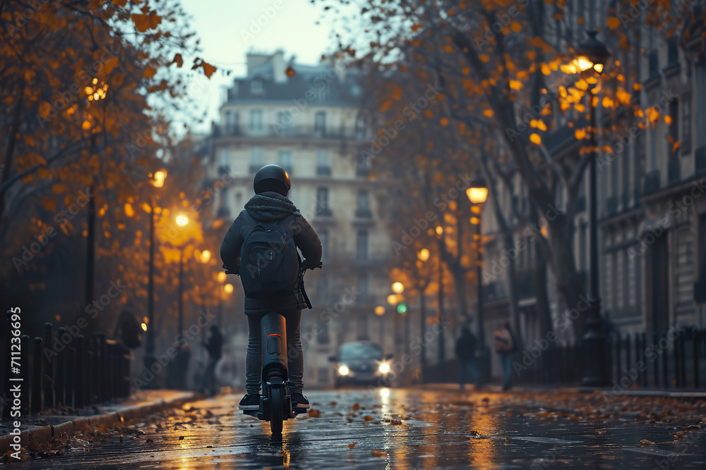 A person riding an electric scooter down a wet street in Paris.