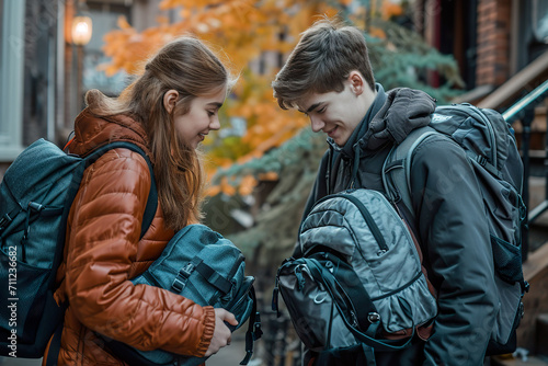 Two young adults wearing backpacks preparing for travel. 