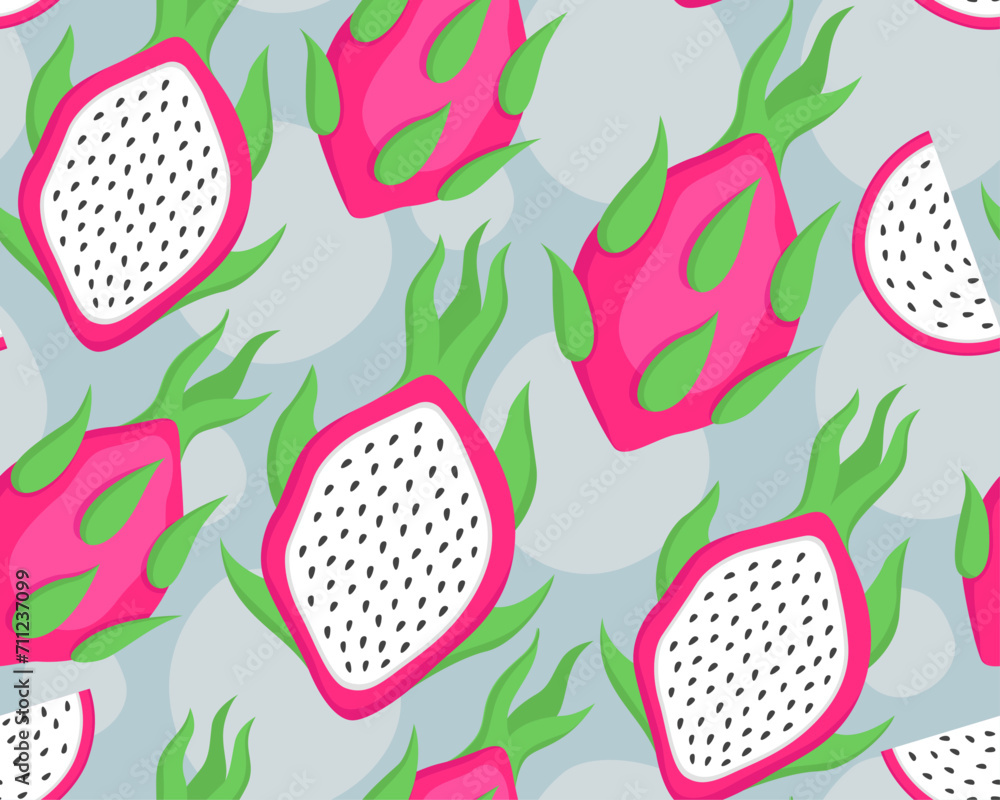 Bright tropical seamless pattern. Pink pitahayas on a light blue background. Dragon fruit. Bright tropical seamless pattern. Pink pitahayas on a light blue background. Dragon fruit.