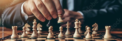 Close-up of Businessman hands moving chess piece on chess board game. Banner
