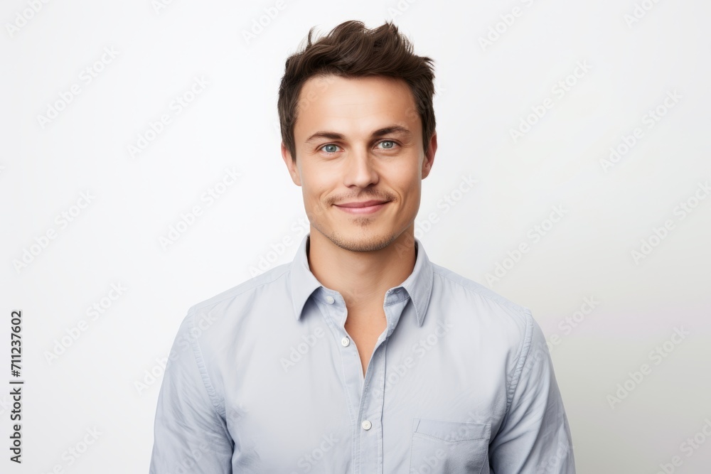 Handsome young man in shirt looking at camera and smiling while standing against grey background Handsome young man in shirt looking at camera and smiling while standing against grey background