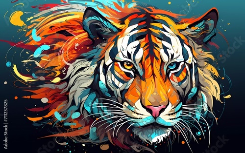 Abstract tiger head close up with tangled doodle elements. Full color illustration. generative ai © KBL Sungkid
