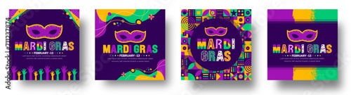 Mardi Gras Carnival in New Orleans social media post banner design template set with Carnival mask. Mardi Gras refers to events of the Carnival celebration background design template. photo
