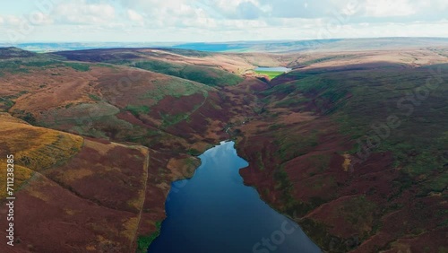 Aerial drone video of the beautiful English countryside, Wild landscape showing moorlands covered in heather, large lakes and blue water. photo