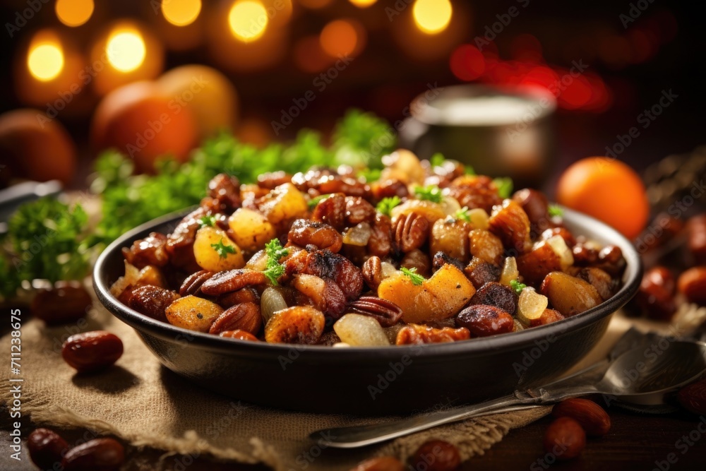 Quirky and adventurous, this unique stuffing showcases roasted chestnuts, dried apricots, and a dash of fivee powder, bringing together sweet, nutty, and exotic flavor profiles to create Quirky and adventurous, this unique stuffing showcases roasted chestnuts, dried apricots, and a dash of fivee powder, bringing together sweet, nutty, and exotic flavor profiles to create