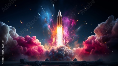 Vibrant rocket launch creatively depicted with a burst of pink particles photo