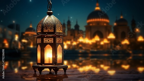 Enchanting night view of an illuminated lantern with an islamic mosque backdrop, evoking tranquility