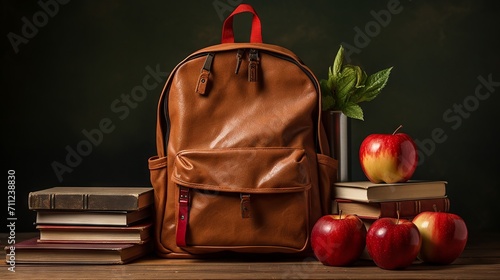 The essentials of education, a backpack, books, and an apple symbolizing readiness to learn