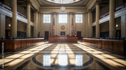 The authority of the law reflected in the symmetry of an empty courtroom