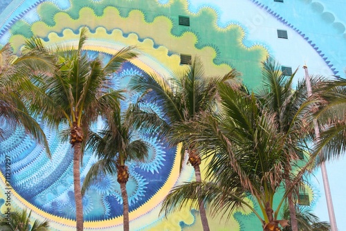 Palm trees on the background of a beautifuland colorful structure