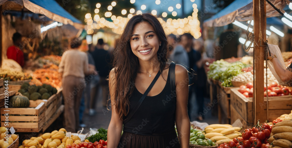 Hispanic Latin woman, age 28, leaning against a table at a night market, fruit, vegetable and food night market, in the tropical or summer, fictional location