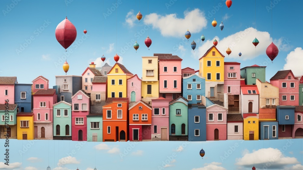 Whimsical floating architecture of colorful houses suspended in the sky