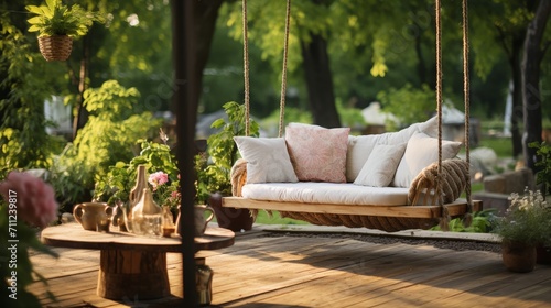 Serene garden view from a cozy wooden deck, complete with a diy tire swing photo