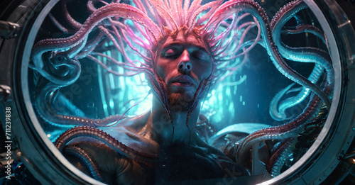 trapped in a metallic tube underwater, put to sleep, extraterrestrial being and technology, spaceship or research station, man as a human being captured by alien tentacles