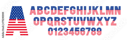 USA flag flat style alphabet letter font and number design set. alphabet typography American Flag style.  4th Of July USA independence and memorial day united states of America flag font design.