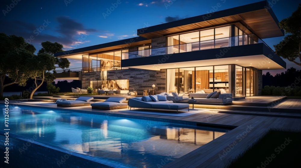 Fototapeta premium Modern architecture meets tranquil nature in this stunning poolside evening scene