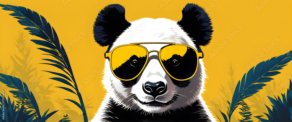 A stylish illustration of a panda bear wearing glowing yellow sunglasses. Isolated on a yellow background.