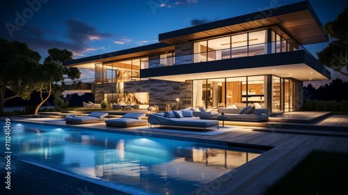 Modern architecture meets tranquil nature in this stunning poolside evening scene