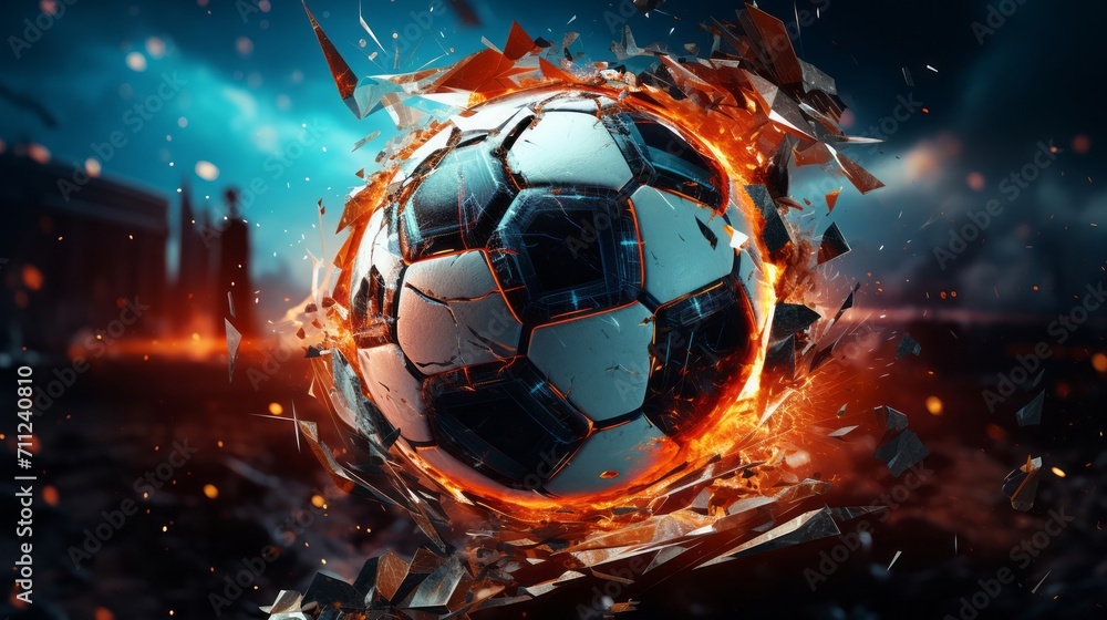 Naklejka premium High-energy sports and technology collision, featuring a soccer ball and shattered digital effects