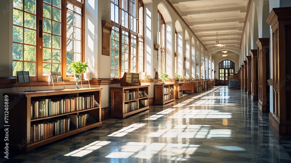 Sunlit corridors of a quiet library, lined with rich literature, offering peace and academic inspiration