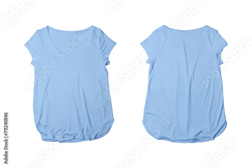 Blank Baby Blue Women Cotton Wide Neck Short Sleeve Tee Template: Colored Wide Neck T-shirt Mockup with Front and Back Views.