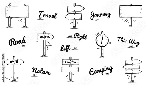 Wooden Signpost Icons Set - Different Simple Travel Doodle Vector Illustrations Isolated On White Background