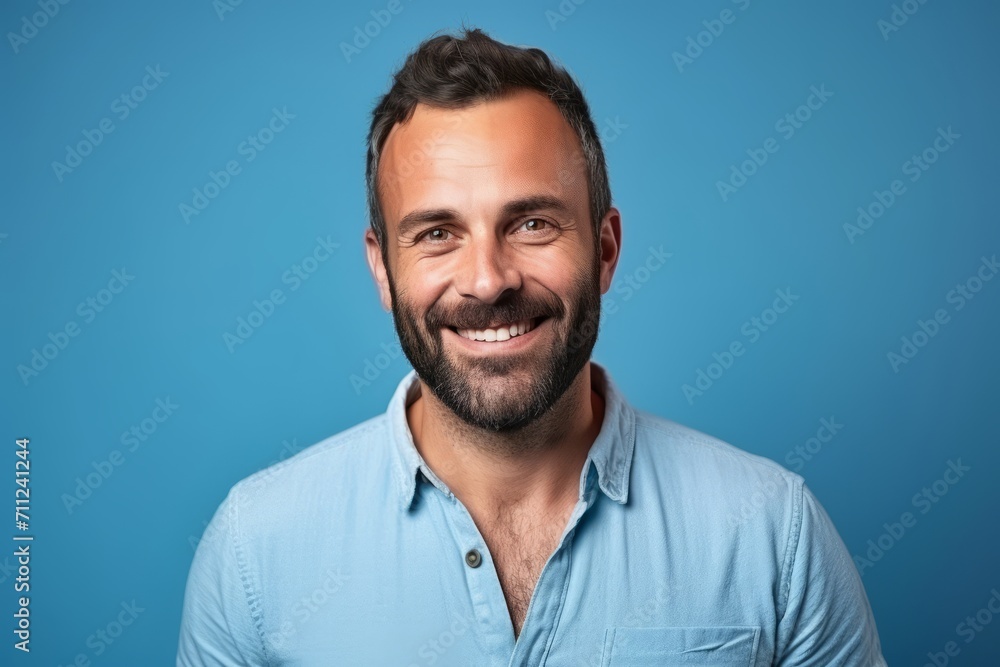 Portrait of a handsome middle aged man smiling over blue background.